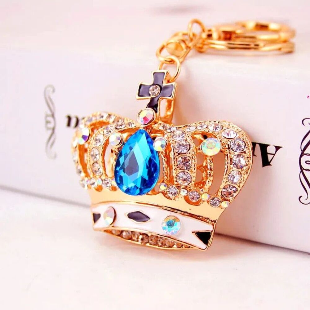 Blue Crystal Rhinestone Crown Cross Purse Bag Charm Keychain Gold Tone Luxe NEW